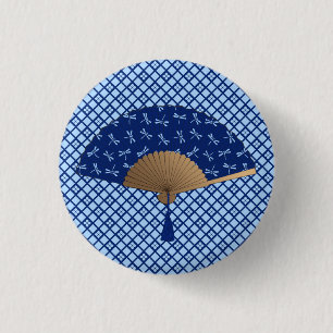Japanischer Lüfter, Dragonfly-Muster, Cobalt Blue Button