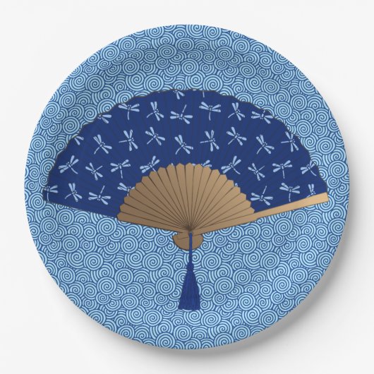 Japanischer Lüfter, Dragonfly-Muster, Cobalt Blue Pappteller (Vorderseite)