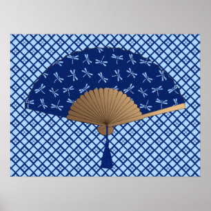Japanischer Lüfter, Dragonfly-Muster, Cobalt Blue Poster