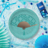 Japanischer Lüfter im Asanoha-Muster, Türkis Pappteller (Party)