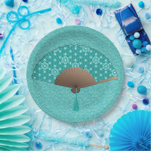 Japanischer Lüfter im Asanoha-Muster, Türkis Pappteller (Party)