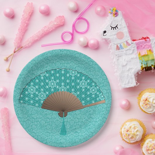 Japanischer Lüfter im Asanoha-Muster, Türkis Pappteller (Party)