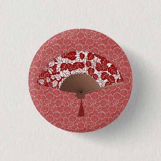 Japanischer Lüfter in Leaf Print, Dunkelrot und We Button (Vorderseite)
