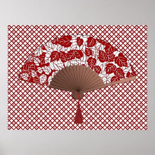 Japanischer Lüfter in Leaf Print, Dunkelrot und We Poster (Vorne)