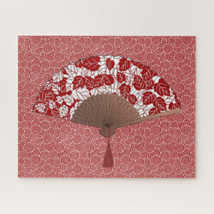 Japanischer Lüfter in Leaf Print, Dunkelrot und We Puzzle