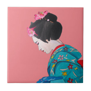Japanischer niedlicher Geisha mit rosa Kirschblüte Fliese