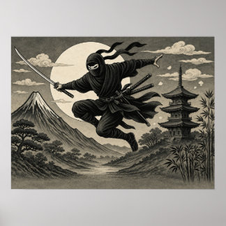 Japanischer Ninja Vollmond Fuji Poster