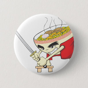 Japanischer Nudelsuppe-Kämpfer mit Samurai-Klinge Button