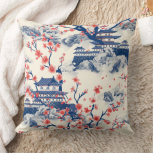Japanischer Pagoden-Kirschblüten-Blau-Creme Kissen