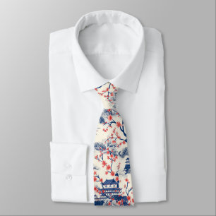 Japanischer Pagoden-Kirschblüten-Blau-Creme Krawatte