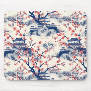 Japanischer Pagoden-Kirschblüten-Blau-Creme Mousepad