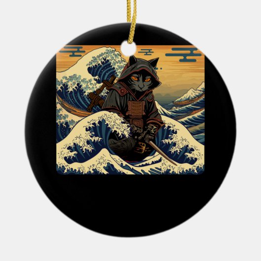 Japanischer Retro Samurai katzt die große Welle vo Keramik Ornament (Vorne)