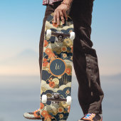 Japanischer Retro Teal Blumen Initial auf Wolken Skateboard