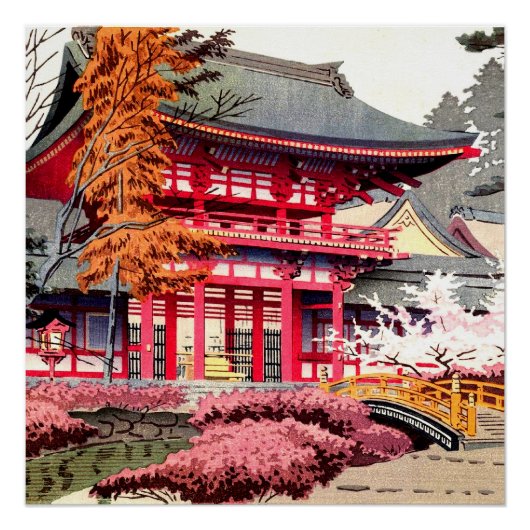 Japanischer roter Tempel Frühling Poster (Vorderseite)