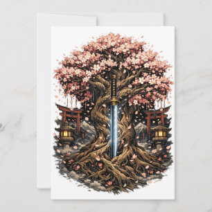 Japanischer Sakura-Baum & Katana Fantasy-Kunst Save The Date