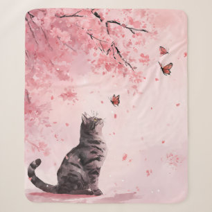 Japanischer Sakura-Baum mit schwarzer Katze und Sc Sherpadecke