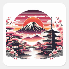 Japanischer Sakura Garden Mount Fuji Cherry Blosso Quadratischer Aufkleber