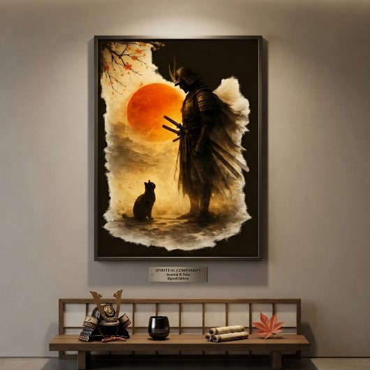 Japanischer Samurai-Krieger & schwarze Katze unter Poster