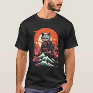 Japanischer Samurai Ninja Katze Retro Tattoo Grafi T-Shirt
