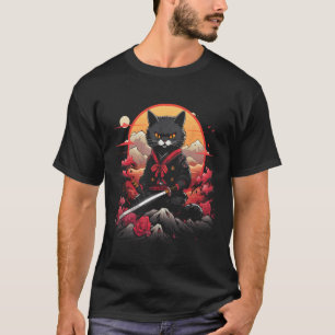 Japanischer Samurai Ninja Katze Retro Tattoo Grafi T-Shirt