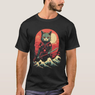Japanischer Samurai Ninja Katze Retro Tattoo Grafi T-Shirt