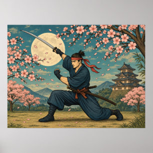 Japanischer Samurai Vollmond Kirschblüten Poster
