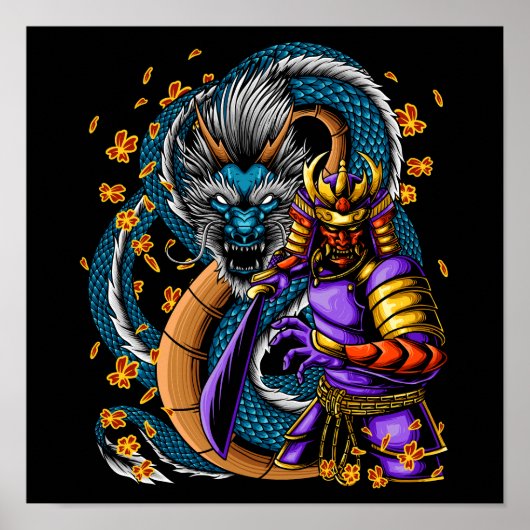 Japanischer Samurai Warrior und Dragon Poster (Vorne)