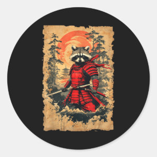 Japanischer Samurai-Waschbärkrieger im Vintage-Sti Runder Aufkleber