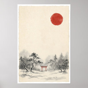 Japanischer Schrein im nebligen Wald Poster Rote