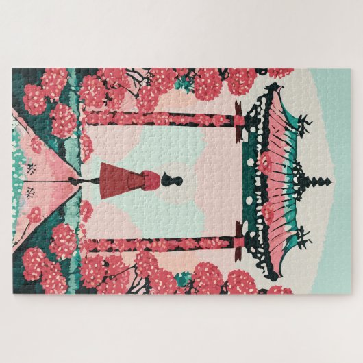 Japanischer Schrein mit roten und rosa Blüten Puzzle (Horizontal)