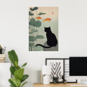 Japanischer Schwarzer-Katze-Kunstprint Teich & Gol Poster (Heimbüro)