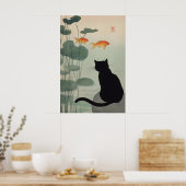 Japanischer Schwarzer-Katze-Kunstprint Teich & Gol Poster (Küche)