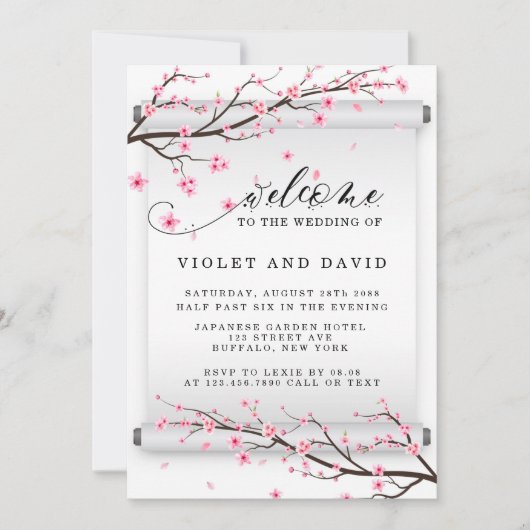 Japanischer Scroll Cherry Blossom Einladung Hochze (Vorderseite)
