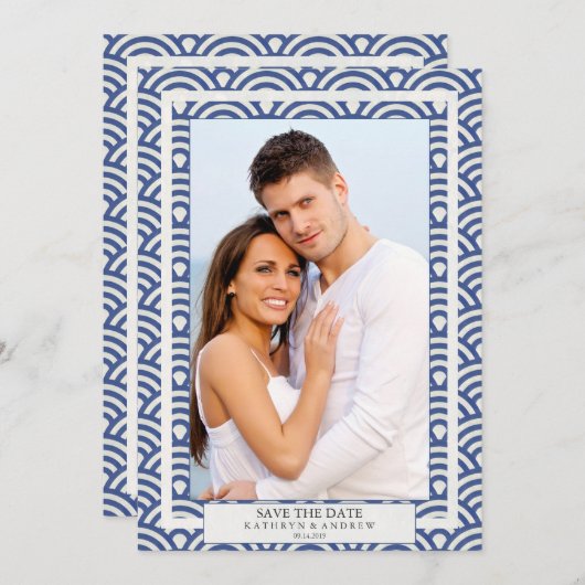 Japanischer Seigaiha Wedding Save the Date Flat Fo Einladung (Vorne/Hinten)