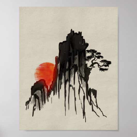Japanischer Sonnenuntergang - sumi-e Poster (Vorne)
