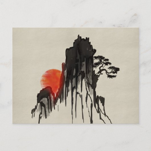 Japanischer Sonnenuntergang - sumi-e Postkarte (Vorderseite)