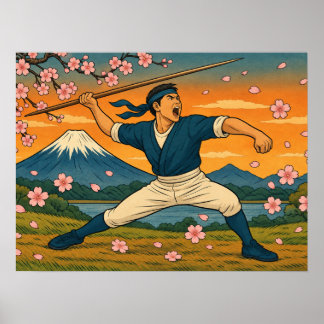 Japanischer Speerkrieger Mount Fuji Poster
