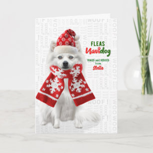 Japanischer Spitz-Hund Lustige Flöhe Navidog mit N Feiertagskarte