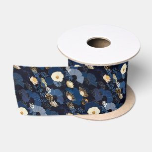 Japanischer Stil Elegant Dunkelblaue Blume Floral Satinband