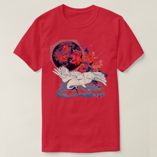 Japanischer Sumi E Moonlight Crane T-Shirt (Design vorne)