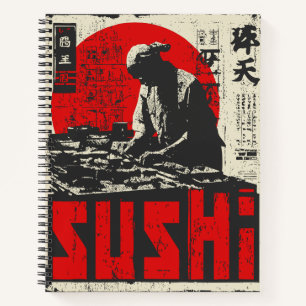 Japanischer Sushi-Koch mit Red Sun Vintage Leben Notizblock