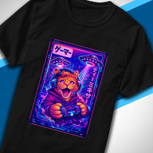 Japanischer Synthwave-Sci-Fi-UFO-Cat-Cool-Gamer T-Shirt