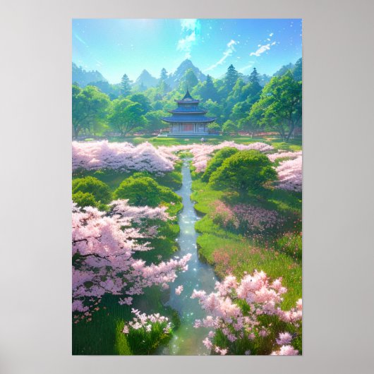 Japanischer Tempel auf einem Sakura-Feld Poster (Vorne)