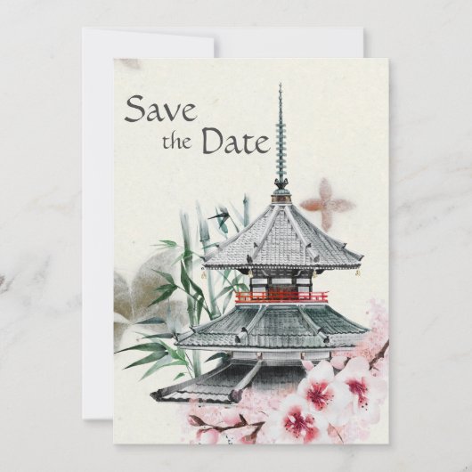 Japanischer Tempel, Bamboo, Kirschblüten Hochzeit Save The Date (Vorderseite)