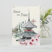 Japanischer Tempel, Bamboo, Kirschblüten Hochzeit Save The Date (Stehend Vorderseite)