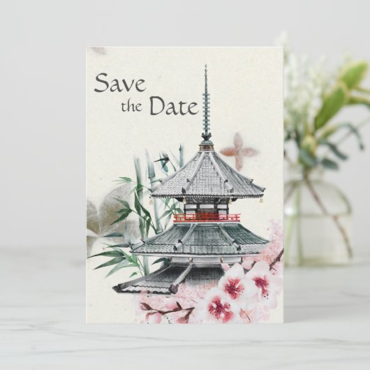 Japanischer Tempel, Bamboo, Kirschblüten Hochzeit Save The Date (Stehend Vorderseite)