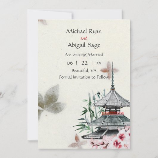 Japanischer Tempel, Bamboo, Kirschblüten Hochzeit Save The Date (Rückseite)