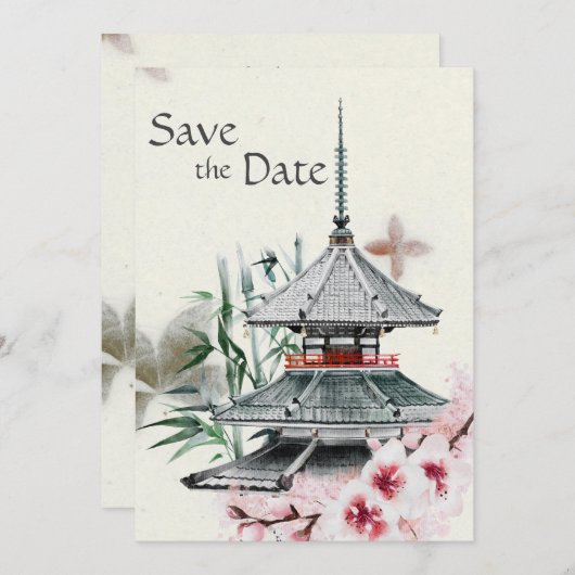 Japanischer Tempel, Bamboo, Kirschblüten Hochzeit Save The Date (Vorne/Hinten)