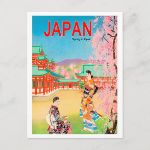 Japanischer Tempel im Frühling, Geisha-Mädchen bei Postkarte