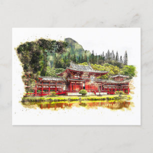 Japanischer Tempel im Wald Wasserfarben Kunst Feiertagspostkarte